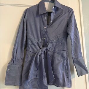 Victoria Beckham Blue & White Striped Tie-Front Button Down Shirt